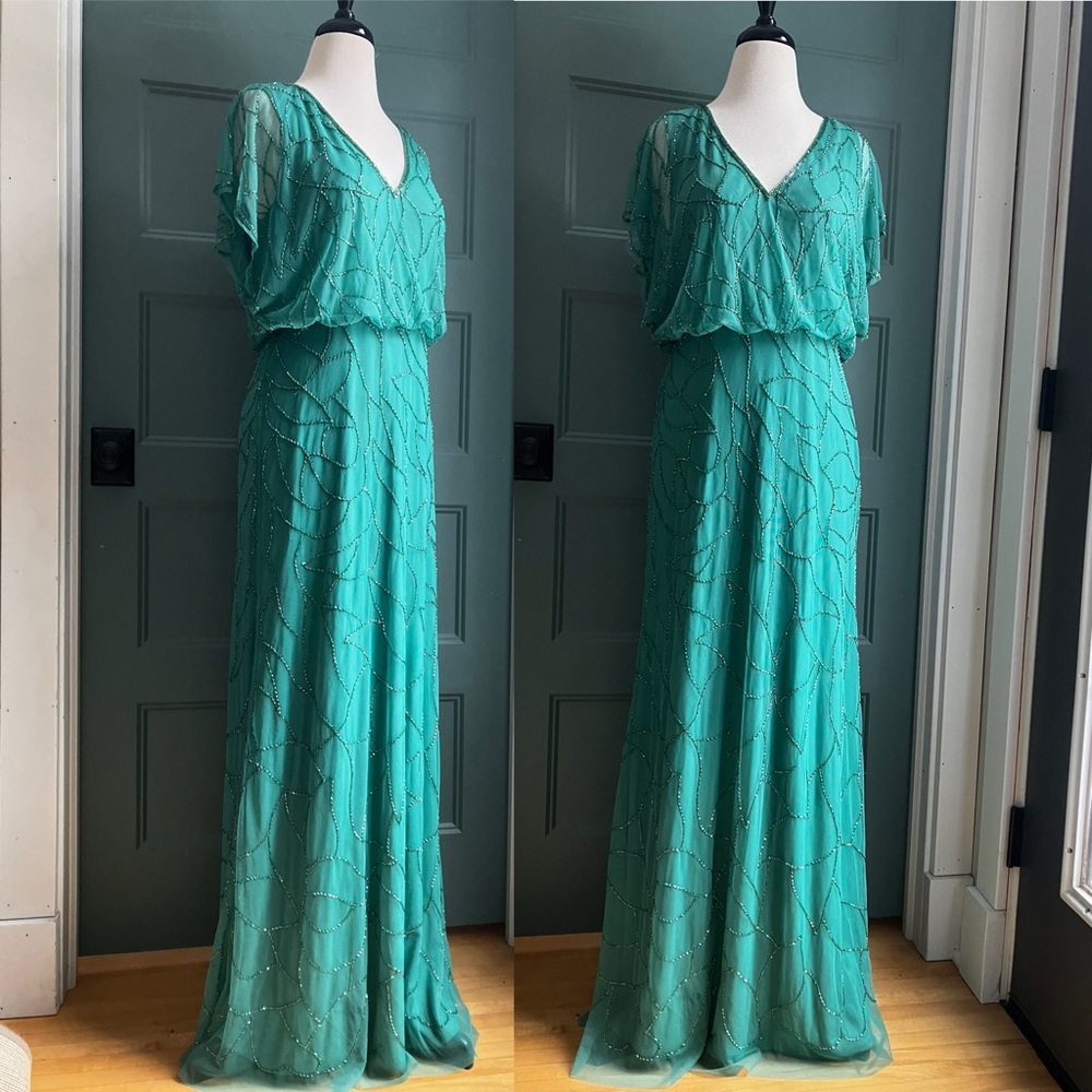 Adrianna Papell Elegant Teal Green Beaded Evening Gown size 10
